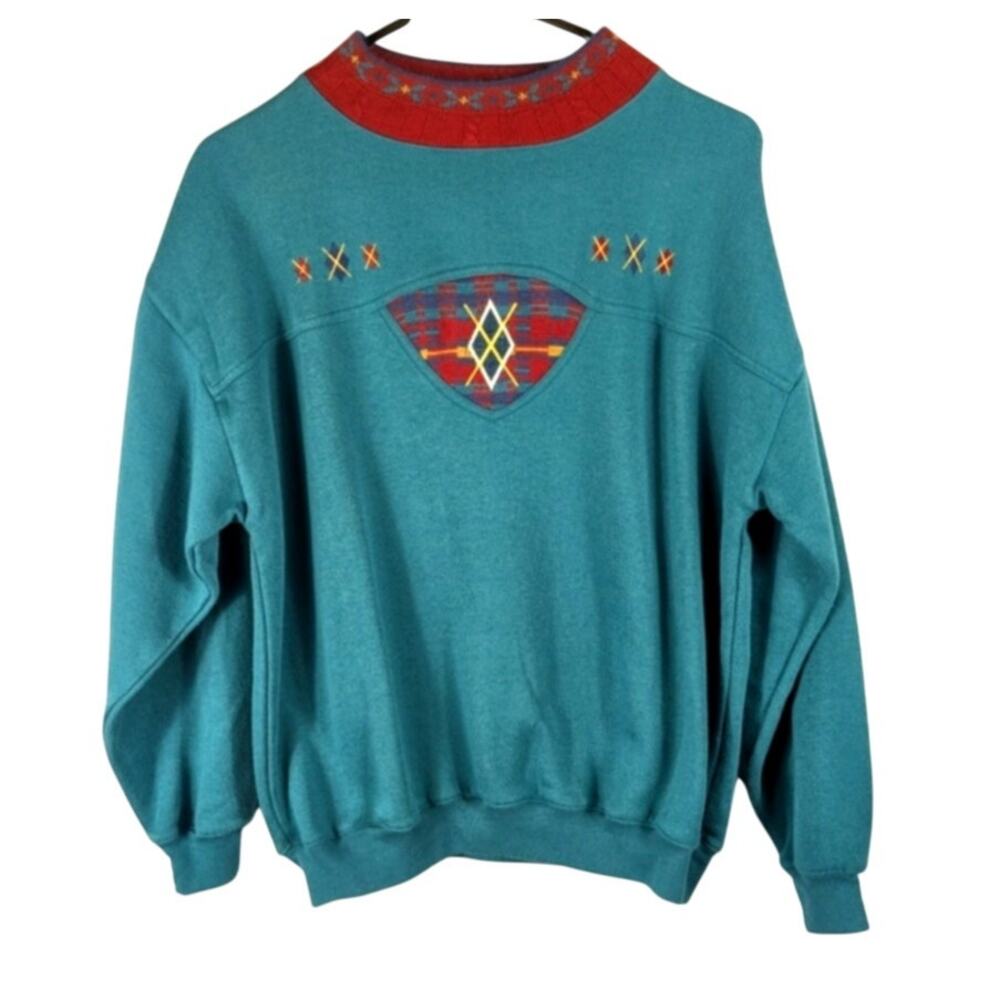 Vintage 62 East Sweatshirt M Embroidered Teal Red Retro Pullover Crewneck 90s